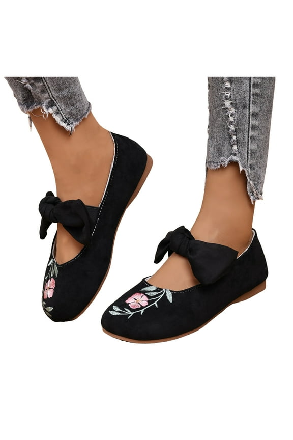 Women's Bowknot Mary Jane Ballet Flats Vintage Flower Embroidered Beach Casual Bow Low Heel Walking Shoes