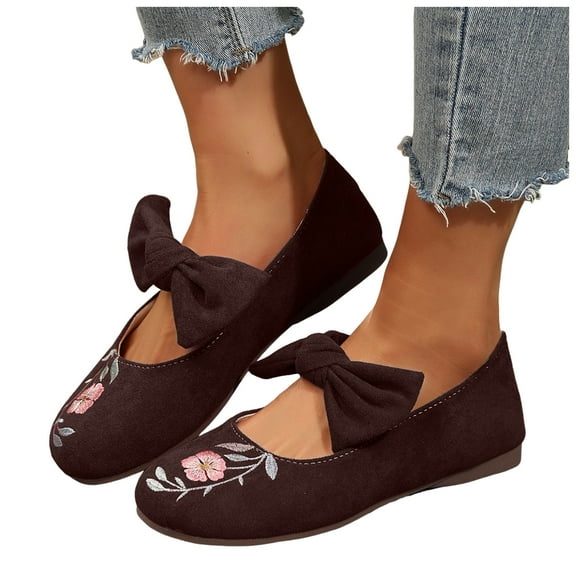 Women's Bowknot Mary Jane Ballet Flats Vintage Flower Embroidered Beach Casual Bow Low Heel Walking Shoes