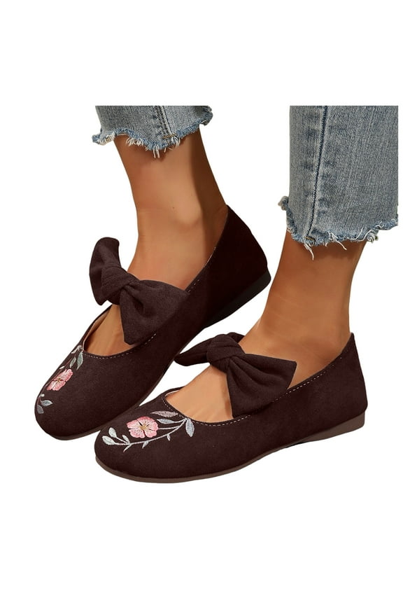 Women's Bowknot Mary Jane Ballet Flats Vintage Flower Embroidered Beach Casual Bow Low Heel Walking Shoes