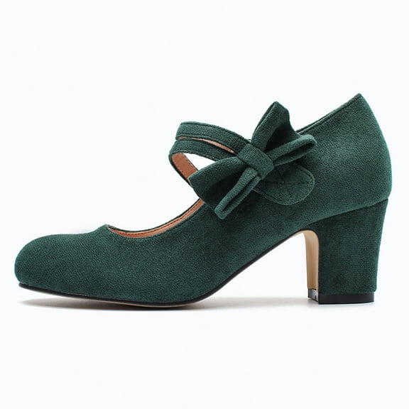 Women's Bowknot Mary Jane Block Heel Round Pumps Closed Toe Dress Shoes (Dark Green 40)
