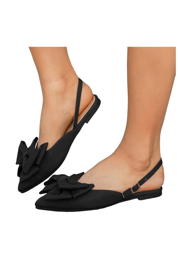 Women's Bowknot Pointed Toe Slingback Flats Shoes Comfortable Slip On Walking Flat Low Heel Dress Shoes Black Size 9