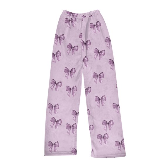 Women's Bowknot Print Plush Pajama Pants, Soft Fleece Casual Sleep Lounge Trousers Warm Nightwear Slacks, Purple, M