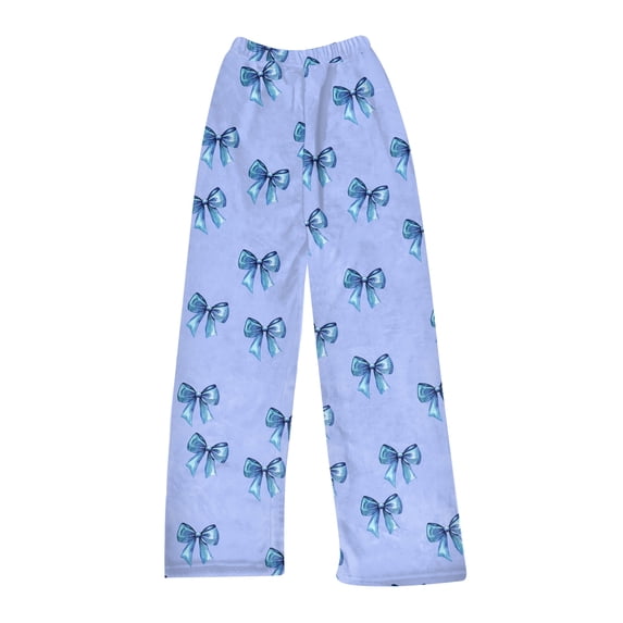 Women's Bowknot Print Plush Pajama Pants, Soft Fleece Casual Sleep Lounge Trousers Warm Nightwear Slacks, Sky Blue, S