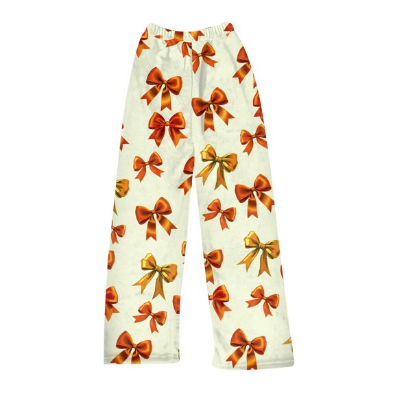 Women's Bowknot Print Plush Pajama Pants, Soft Fleece Casual Sleep Lounge Trousers Warm Nightwear Slacks, Yellow, XL