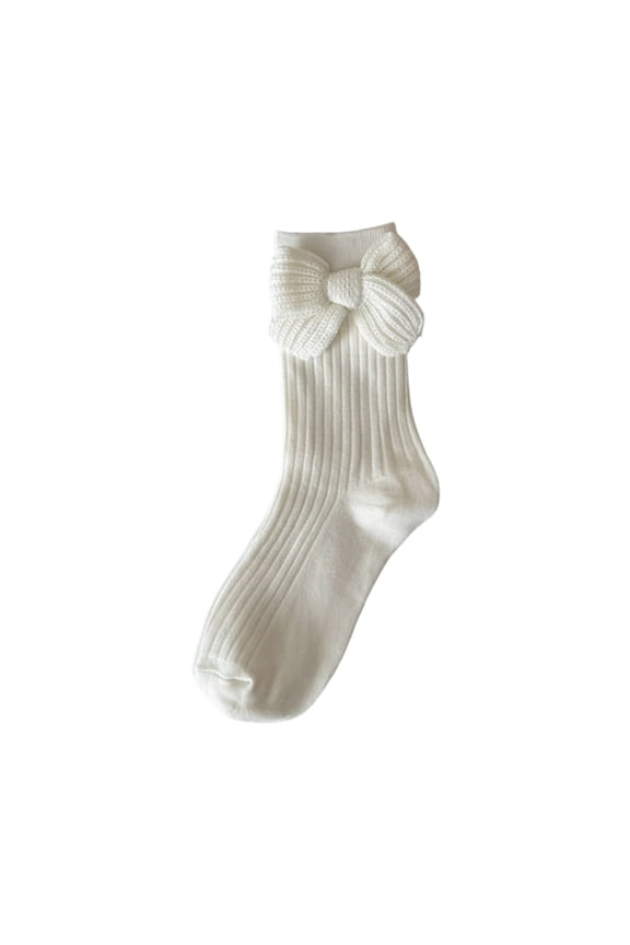 Women's Bowknot Socks - Coffee Maillard Yarn, Cute Bow Mid-Calf/Long Tube Outer Wear Socks, White