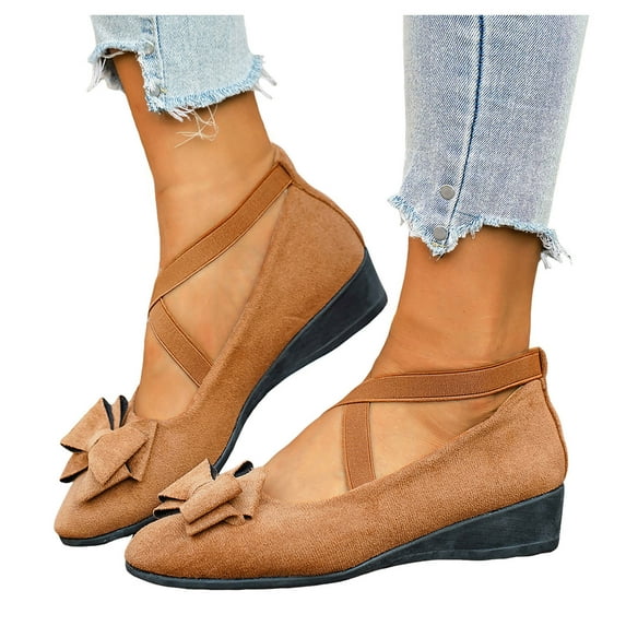Women's Bowknot Suede Dress Ballet Flats Low Wedge Pointed Toe Slip On Loafers with Elastic Ankle Strap Casual Dress Shoes Black Size 6.5