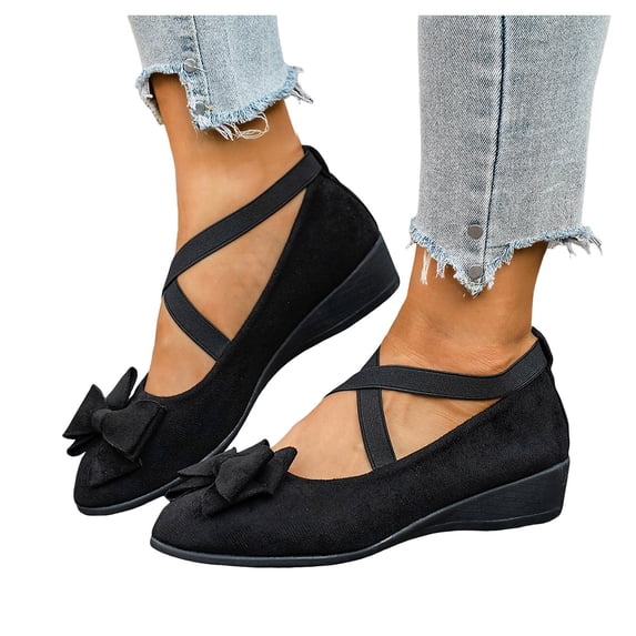 Women's Bowknot Suede Dress Ballet Flats Low Wedge Pointed Toe Slip On Loafers with Elastic Ankle Strap Casual Dress Shoes White Size 7