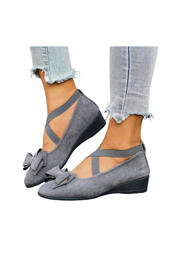 Women's Bowknot Suede Dress Ballet Flats Low Wedge Pointed Toe Slip On Loafers with Elastic Ankle Strap Casual Dress Shoes White Size 7