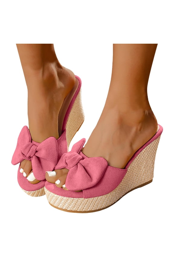 Women's Bowknot Wedge Sandals Lightweight Canvas Open Toe Beach Platform Mule Non Slip Backless Walking Slides Pink Size 6.5