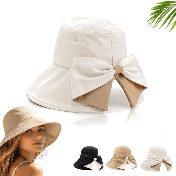 Women's Bowknot Wide Brim Sun Hat, Foldable Summer Beach Cap Breathable Polyester