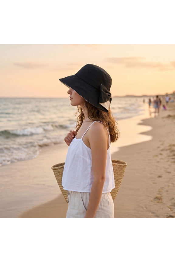 Women's Bowknot Wide Sun Protective Hat, Foldable Polyester UV Protection Fisherman Cap In For Beach Travel Shopping Cycling Outdoor Summer Sun Shading.Black