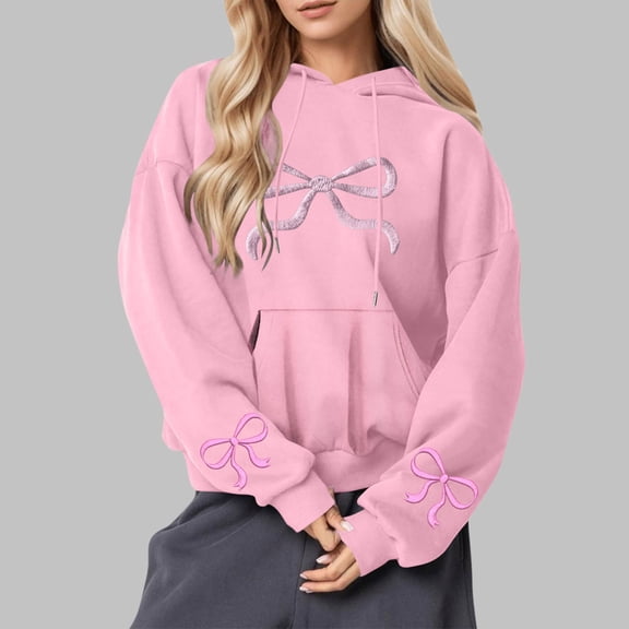 Byworldtasic Womens Sweatshirts Women's Bows Prints Pullover Hoodie Long Sleeve Loose Fit Solid Color Y2K Fashion Sweatshirt