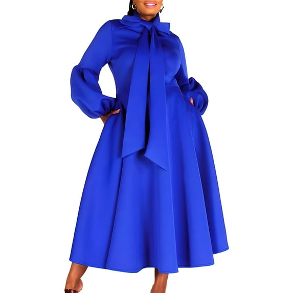 Women's Bowtie Neck Lantern Sleeve Dress A-Line Long Dress Cocktail Dresses