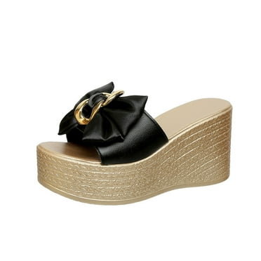 Women's Bowtie Wedge Slide Sandals Platform Open Toe High Heels Sandals Slippers Summer Peep Toe Slippers Leisure Beach Shoes Black Women Sandal
