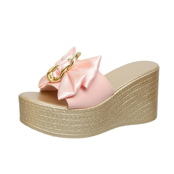 Women's Bowtie Wedge Slide Sandals Platform Open Toe High Heels Sandals Slippers Summer Peep Toe Slippers Leisure Beach Shoes Pink Women Sandal