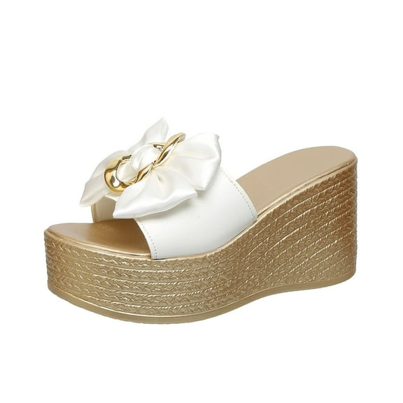 Women's Bowtie Wedge Slide Sandals Platform Open Toe High Heels Sandals Slippers Summer Peep Toe Slippers Leisure Beach Shoes White Women Sandal