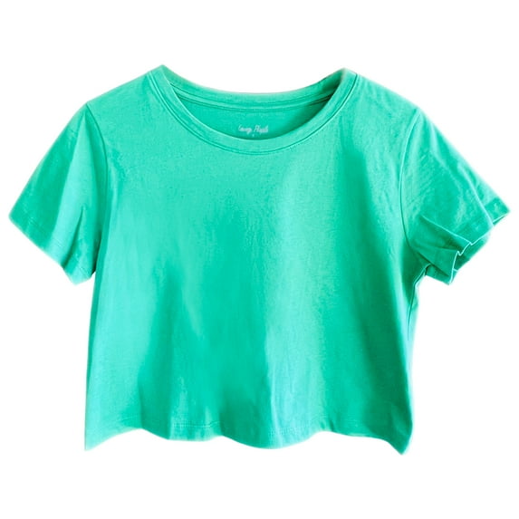 Women's Boxy Crop Top Loose Fit Round Neck Short Sleeve Casual 100% Cotton Cropped Tee T-Shirt, Emerald Green, Small
