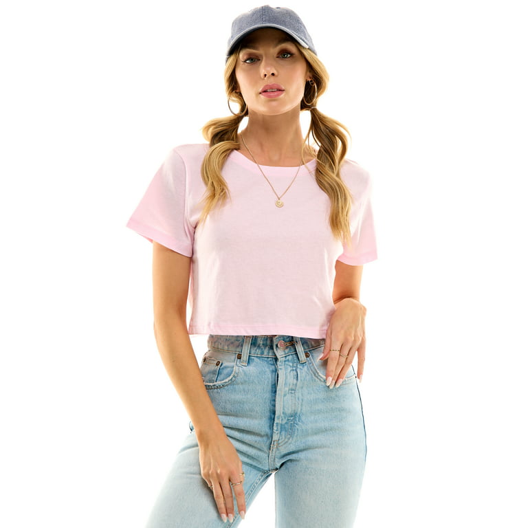 Women's Boxy Crop Top Round Neck Short Sleeve Casual 100% Cotton Cropped  Tee T-Shirt, Baby Pink, X-Large