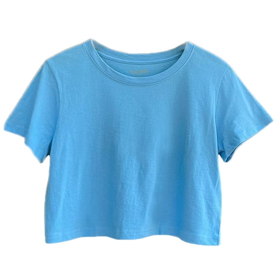 Women's Boxy Crop Top Round Neck Short Sleeve Casual 100% Cotton Cropped Tee T-Shirt, Dusky Blue, Small