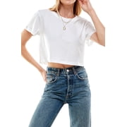 Women's Boxy Crop Top Round Neck Short Sleeve Casual 100% Cotton Cropped Tee T-Shirt Large, White