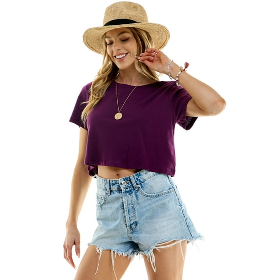 Women's Boxy Crop Top Round Neck Short Sleeve Casual 100% Cotton Cropped Tee T-Shirt, Purple, Small