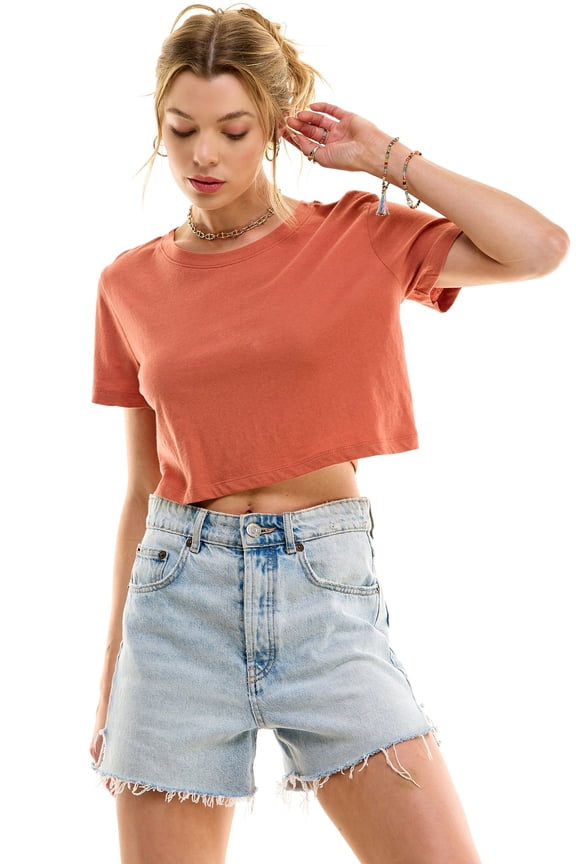 Women's Boxy Crop Top Round Neck Short Sleeve Casual 100% Cotton Cropped Tee T-Shirt, Rust, Medium
