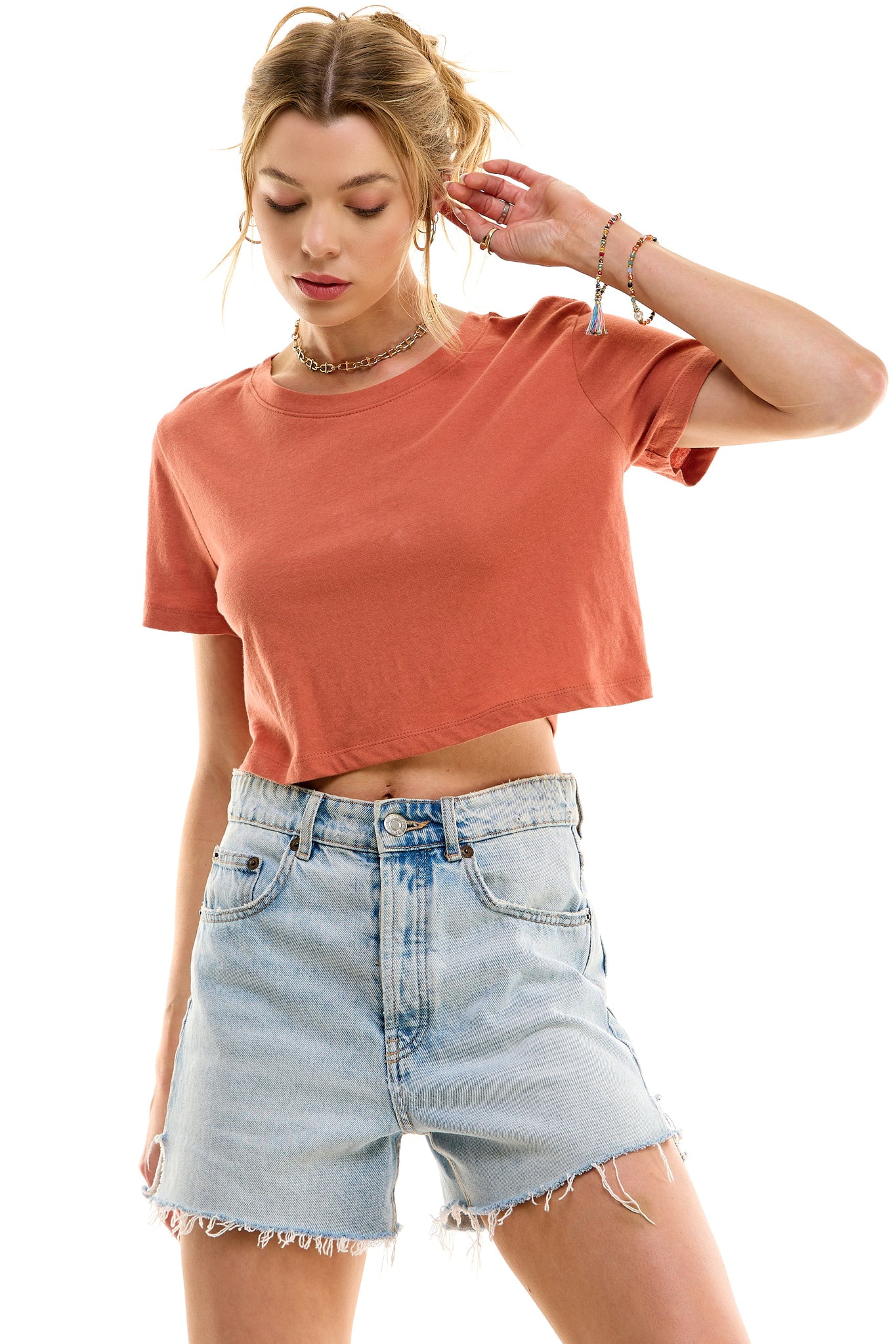 Women's Boxy Crop Top Round Neck Short Sleeve Casual 100 Cotton