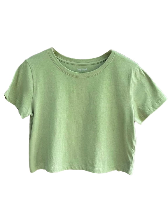 Women's Boxy Crop Top Round Neck Short Sleeve Casual 100% Cotton Cropped Tee T-Shirt, Seagrass, Large