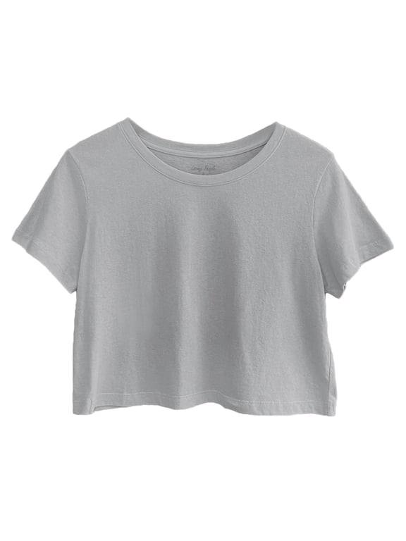 Women's Boxy Crop Top Round Neck Short Sleeve Casual 100% Cotton Cropped Tee T-Shirt, Silver, X-Large