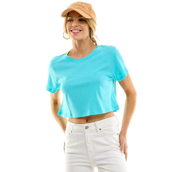 Women's Boxy Crop Top Round Neck Short Sleeve Casual 100% Cotton Cropped Tee T-Shirt, Sky Blue, X-Large