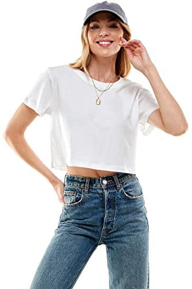 Women's Boxy Crop Top Round Neck Short Sleeve Casual 100% Cotton Cropped Tee T-Shirt, White, 2XL