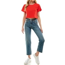 Women's Boxy Crop Top Round Neck Short Sleeve Casual 100% Cotton Cropped Tee T-Shirt (X-Large, Red)