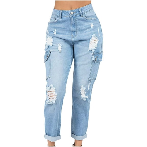 Women's Boyfriend Tapered Leg Jean High Waisted Slim Fit Distressed Ripped Denim Cargo Pants Modern Fashion Trendy