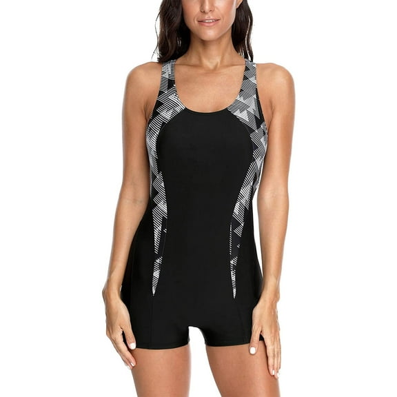 Women's Boyleg One Piece Athletic Swimsuit Color Blocked Racerback Unitard Sport Swimming Suit