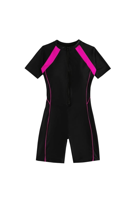 Women's Boyleg One Piece Rash Guard with Built in Bra Zip Front UPF 50+ Short Sleeve Full Body Surfing Purple Pink 2XL