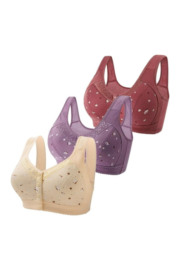 Women's Bra 3 Pack Daisy Bras For Older Women 2024 Front Close Button Cotton Bras Comfortable Full Support Wide Back No Underwire Bras,Blue Women's Bra 42