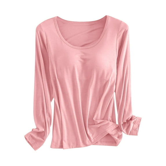 Women's With Bra Cup And Cup Integrated Solid Color Minimalist Women's Bottom Long Sleeved Shirt And Underwear, Lightweight Bamboo Sleepwear Sets for Sensitive Skin