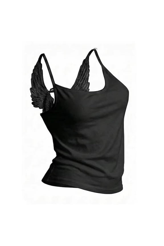 Women's Bra Free Tank Top Angel Wings Tie Strap Camisole Spaghetti Strap Shirts, Fitted Back Tie Cami Top 02-Black S