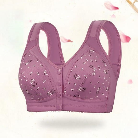 Women's Bra Large Sized Front Buttoned Thin All Cotton Sporty Printed Bra For Women Without Underwire,Purple Women's Bra XXL