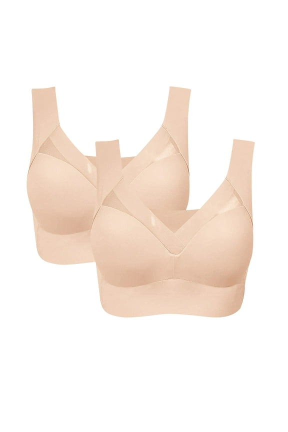 Women's Bra Plus Size Everyday Bra 2 Pack - Wireless Posture Correction,Beige Women's Bra 2XL