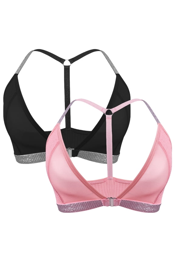 Women’s Bra Triangle Cups Straps Bra Tops No Padded Wireless Front Closure Bralette Deep V Neck Backless Bralettes Shiny Edge Underwear 2 Piece