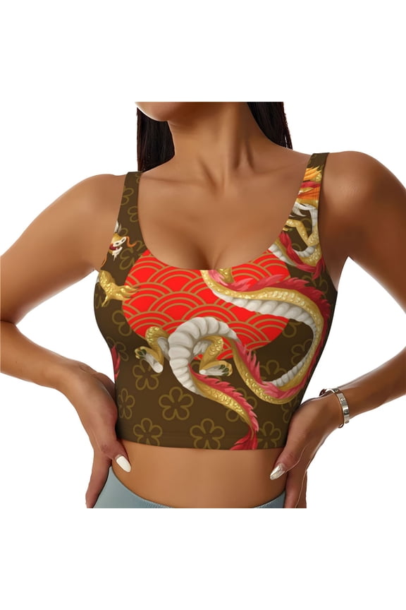 Women's Bra Vest Workout Crop Top for Yoga Pilates Dance Tank, Asian Dragon Oriental Dragons