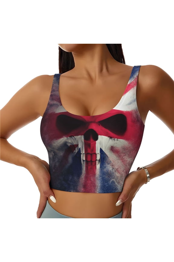 Women's Bra Vest Workout Crop Top for Yoga Pilates Dance Tank, Skull Face Union Jack Uk Flag