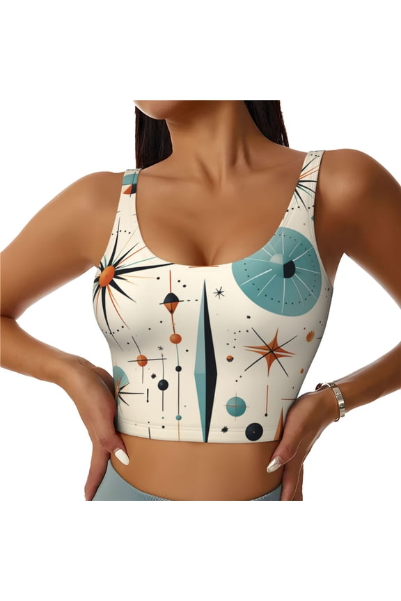 Women's Bra Vest Workout Crop Top for Yoga Pilates Dance Tank, Star Retro Mid Century Vintage Atomic Art