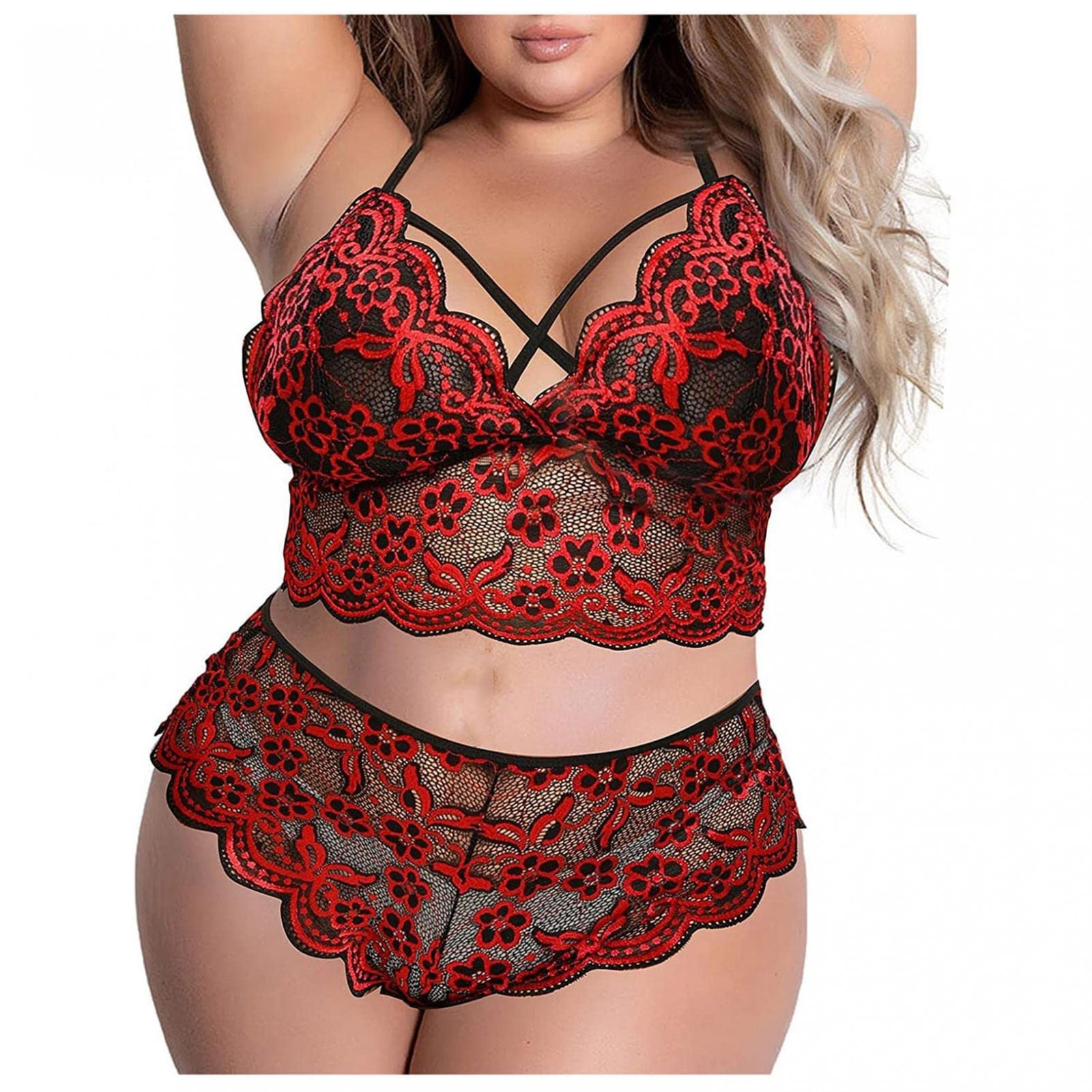 Women's Bra and Panties Lace Snap Exotic Two-piece Set Negligee Sexy  Lingerie Strappy Naughty Play Underwear Suit Red 