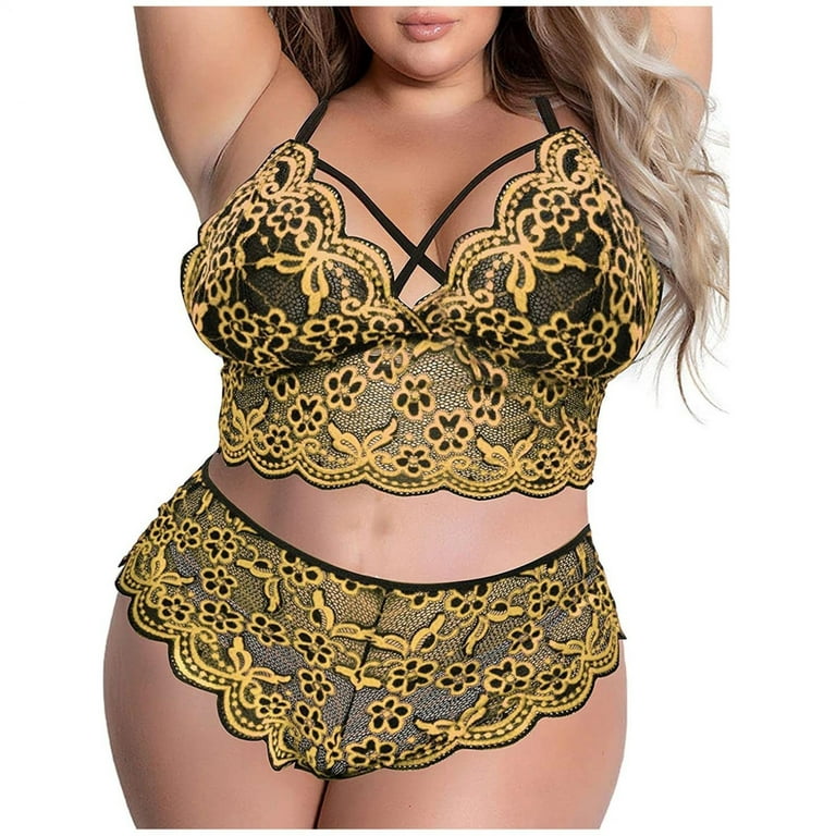 Women's Bra and Panties Lace Snap Exotic Two-piece Set Negligee Sexy  Lingerie Strappy Naughty Play Underwear Suit Yellow