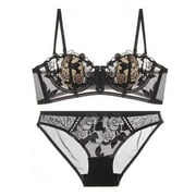 Womens Bra and Panties Sets Sexy See Through Breathable Flower Embroidery Lace Bra Underwear