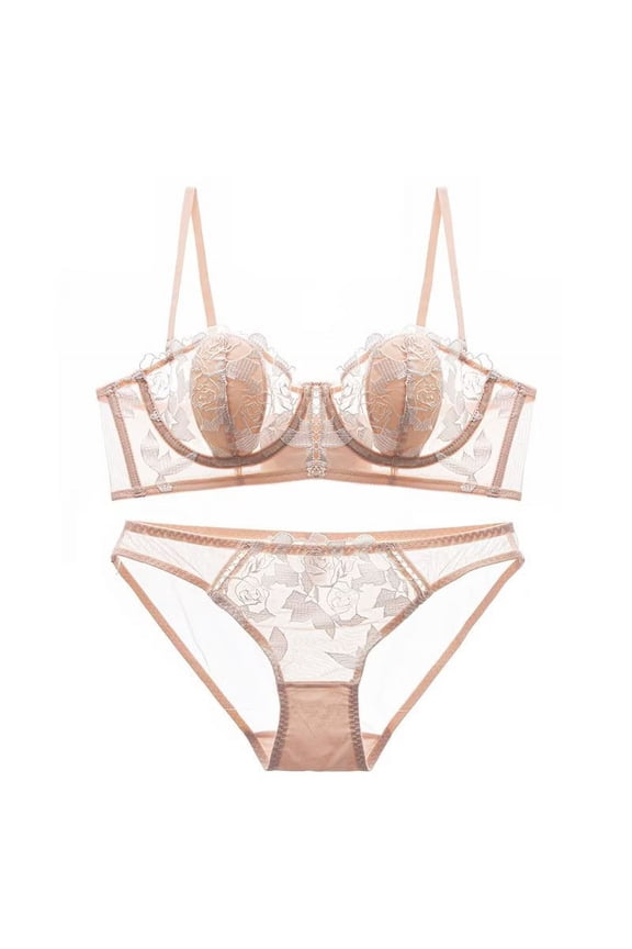 Women's Bra and Panties Sets Sexy See Through Breathable Flower Embroidery Lace Bra Underwear