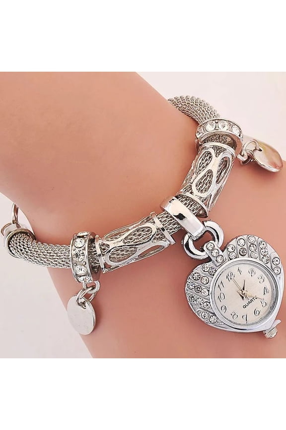 Women’s Bracelet Watch Heart-Shaped Dial & Dual Love Charms Pendant Quartz Timepiece Rhinestone Embellished Alloy Chain Cute Clock Fashion Golden Silver Steel Band Accessory for Girl Day Wear Gift