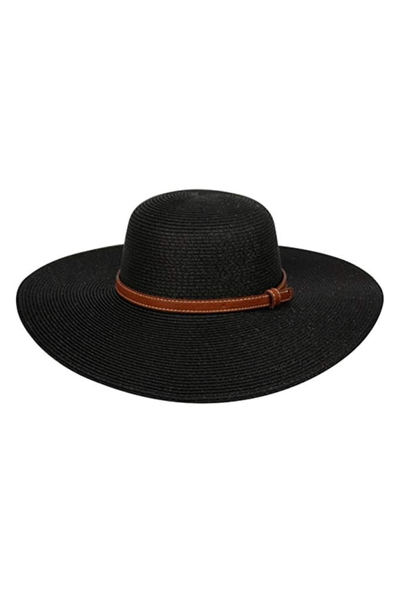 Women's Braid Straw Wide Brim Classic Fedora Sun Hat UPF 50+ with Adjustable Drawstring, Brown Band/Black